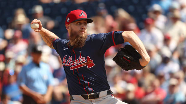 Feb 28, 2024; Clearwater, Florida, USA; Atlanta Braves pitcher Ken Giles (91) throws a pitch during the third inning against the Philadelphia Phillies at BayCare Ballpark.